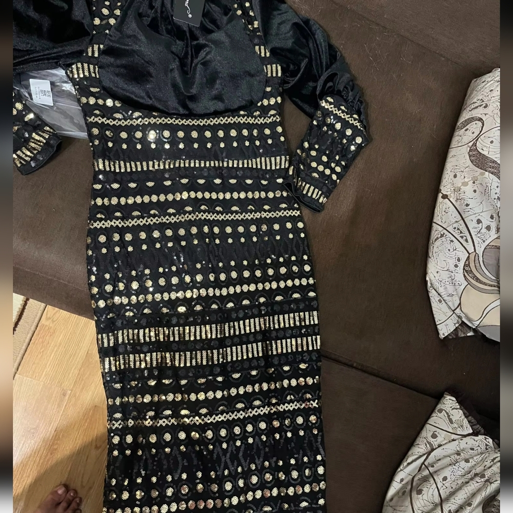 Vintage Black Velvet Bishop Sleeve Sequins Bodycon Ankle Length Dress - Picture 11 of 11